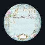 French roses n lace Save the Date Magnet<br><div class="desc">French writing and pink roses with lots of lace and gold make this an elegant design for many occasions.  Beautiful on cards and invitations,  gifts for women and girls too. If you need help with personalizing contact Greer at greerdesign@aol.com</div>