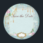 French roses n lace Save the Date Magnet<br><div class="desc">French writing and pink roses with lots of lace and gold make this an elegant design for many occasions.  Beautiful on cards and invitations,  gifts for women and girls too. If you need help with personalizing contact Greer at greerdesign@aol.com</div>