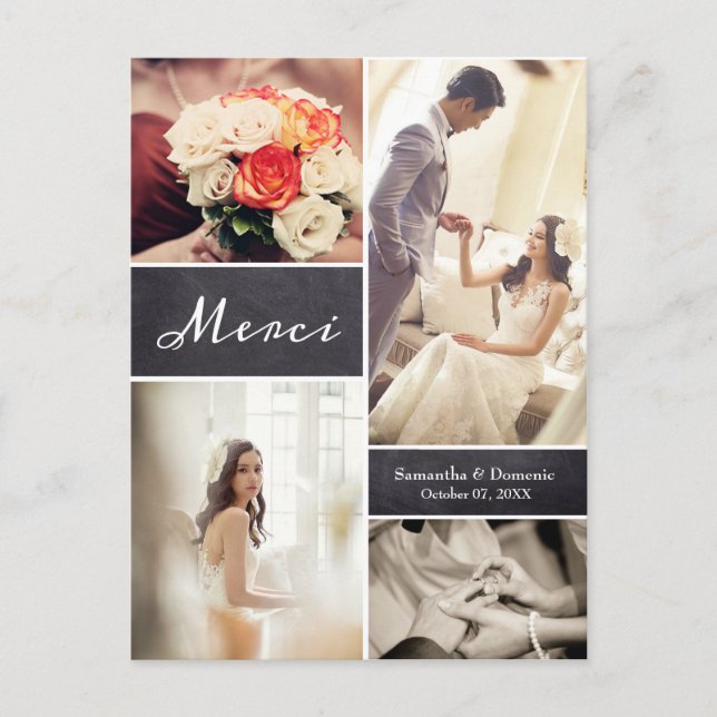 French Rustic Wedding Photo Collage  "Merci" Announcement Postcard (Front)