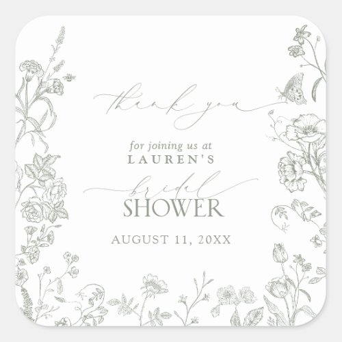 French Sage Green Floral Bridal Shower Thank You Square Sticker