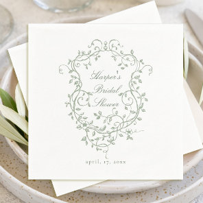 French Sage Green Floral Crest Bridal Shower Napkins