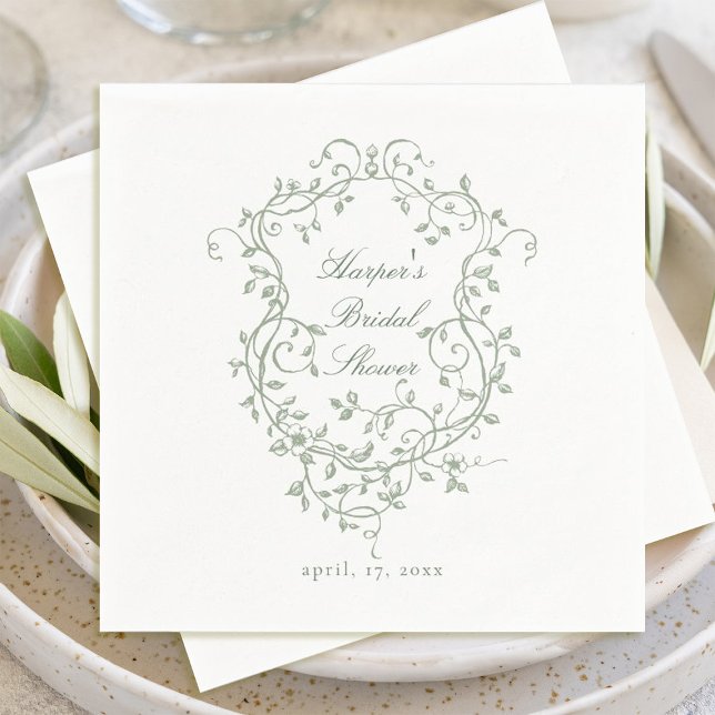 French Sage Green Floral Crest Bridal Shower Napkins (Creator Uploaded)