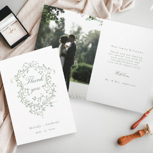 French Sage Green Floral Crest Wedding Photo Letterpress Thank You Card