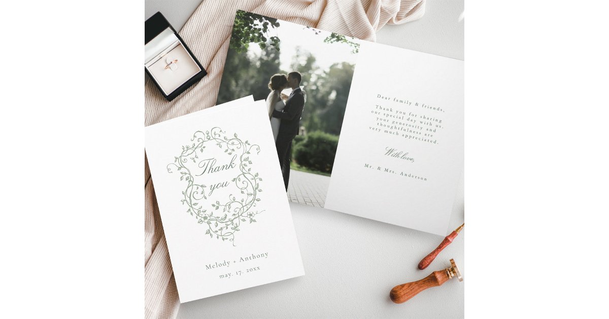 French Sage Green Floral Crest Wedding Photo Thank You Card | Zazzle