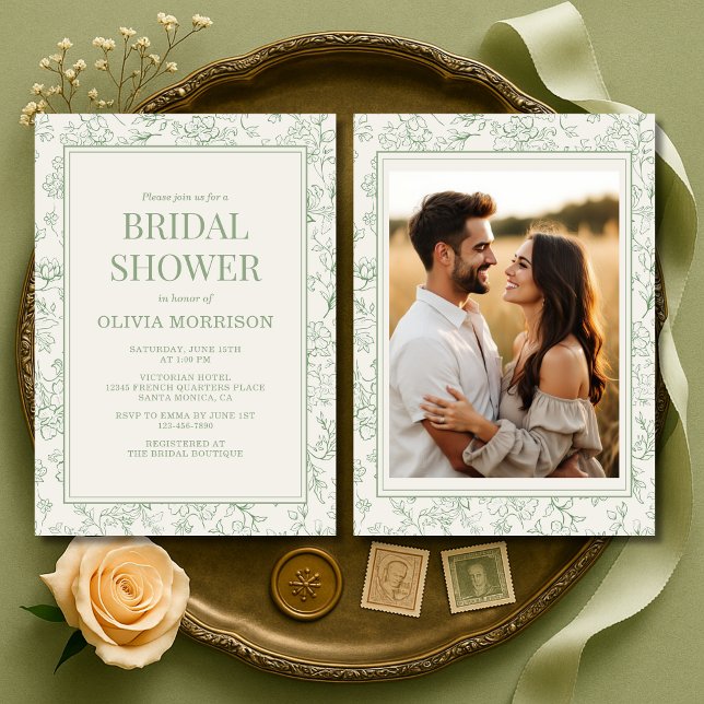 French Sage Green Ivory Photo Bridal Shower Invitation (Creator Uploaded)
