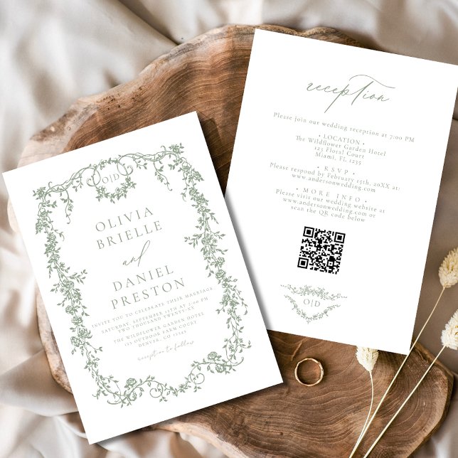 French Sage Green QR Code All In One Wedding Invitation (Creator Uploaded)