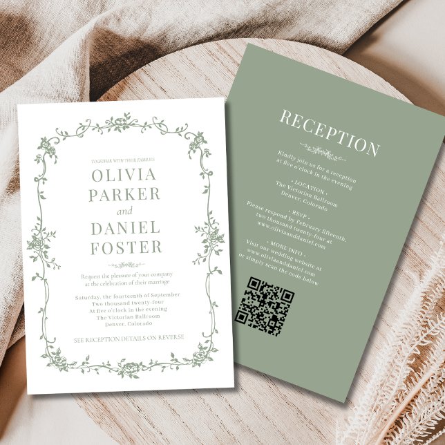 French Sage Green Victorian All in One Wedding  Invitation (Creator Uploaded)