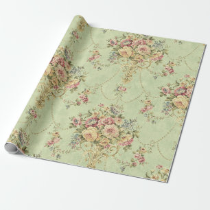 French Sage Green Victorian Style Floral Decoupage Wrapping Paper