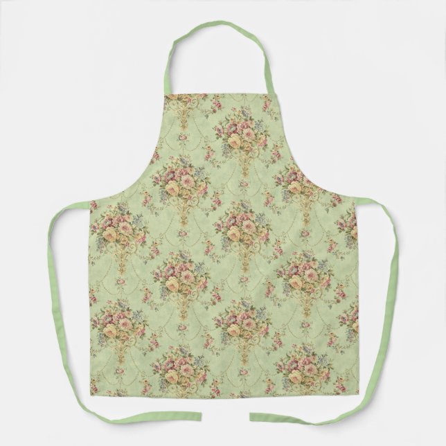 French Sage Green Victorian Style Floral Rococo Apron (Front)