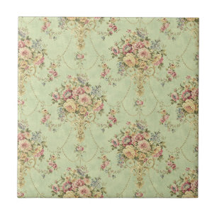 French Sage Green Victorian Style Floral Rococo Ceramic Tile