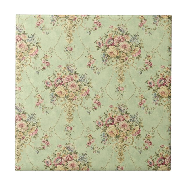 French Sage Green Victorian Style Floral Rococo Ceramic Tile (Front)