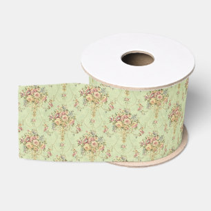 French Sage Green Victorian Style Floral Rococo Grosgrain Ribbon