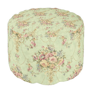 French Sage Green Victorian Style Floral Rococo Pouf