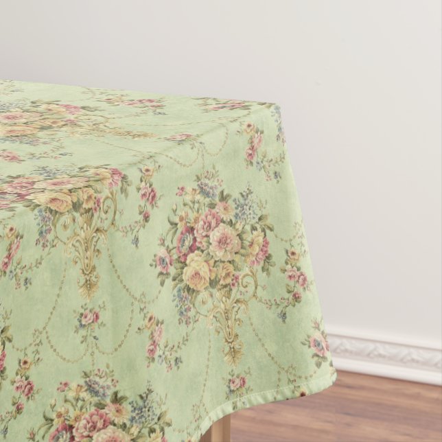 French Sage Green Victorian Style Floral Rococo Tablecloth (In Situ)