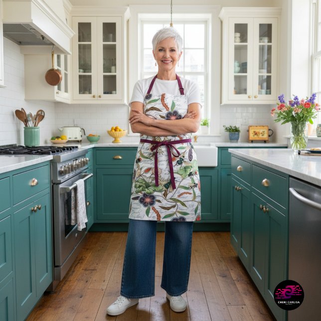 French Script Botanical Bee Pattern Apron (Serving recipes and cottagecore energy in this bee botanical apron)