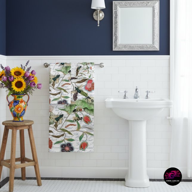 French Script Botanical Bee Pattern Bath Towel Set (French Script Botanical Bee bath towels — vintage charm that turns your bathroom into a statement.)