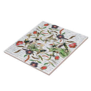 French Script Botanical Bee Pattern Ceramic Tile