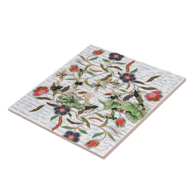 French Script Botanical Bee Pattern Ceramic Tile (Side)
