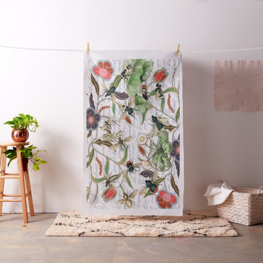 French Script Botanical Bee Pattern Fabric