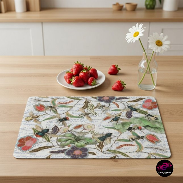 French Script Botanical Bee Pattern Placemat (French Script Botanical Bee placemat for a light farmhouse setting.)