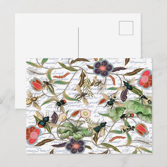 French Script Botanical Bee Pattern Postcard (Front/Back)