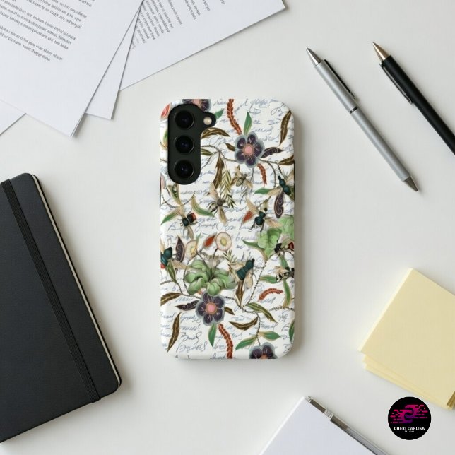 French Script Botanical Bee Pattern Samsung Galaxy Case (French Script Botanical Bee Samsung case for soft vintage flex.)