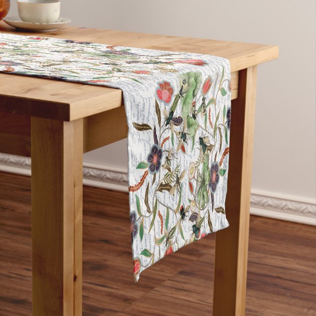 French Script Botanical Bee Pattern Short Table Runner (In Situ)