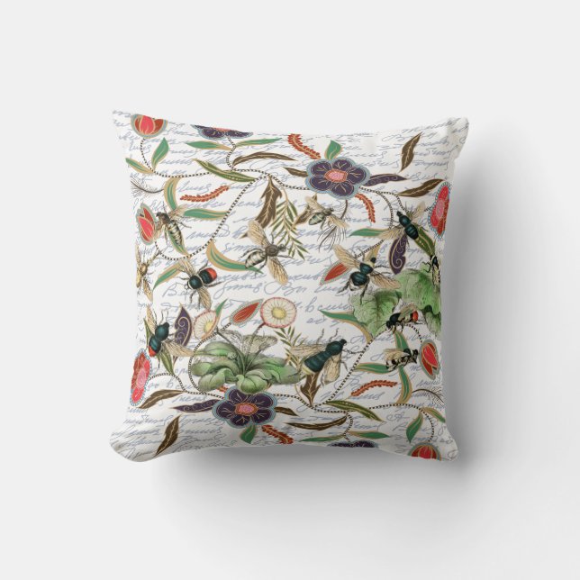 French Script Botanical Bee Pattern Throw Pillow (Front)
