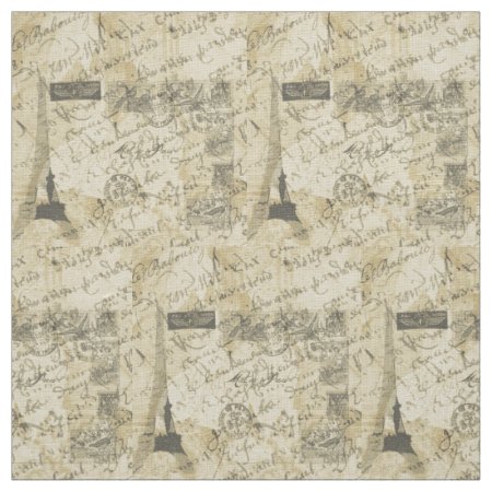 French Script, Eiffel Tower And Parisian Postage Fabric