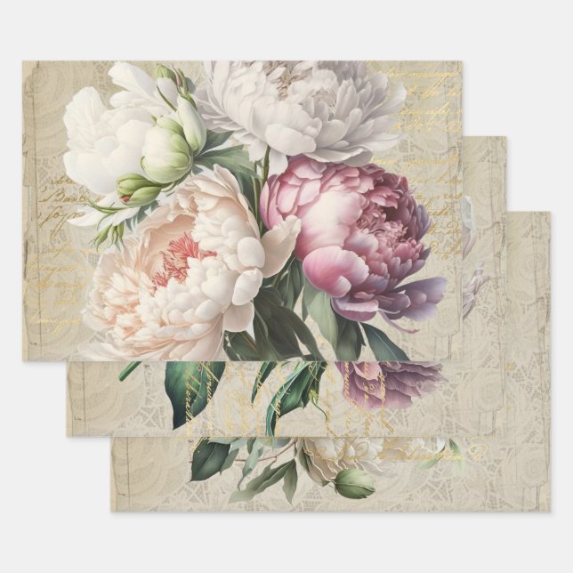 French script fine art roses antique lace wrapping paper sheets (Set)