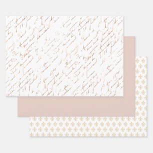 French Script Fleur de Lis Rose Gold Blush Pink Wrapping Paper Sheets