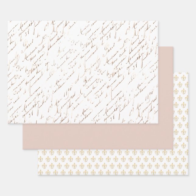 French Script Fleur de Lis Rose Gold Blush Pink Wrapping Paper Sheets (Set)