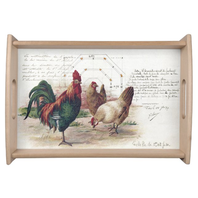 French Script Hen Chicken Farmhouse Kitchen Serving Tray (Front)