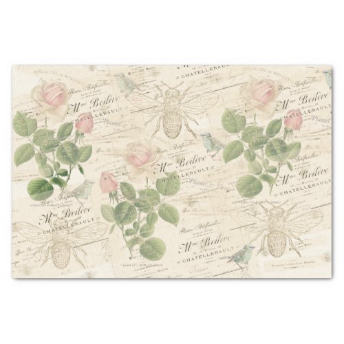 French Script Pink Rose Bird Bee Vintage Collage Tissue Paper