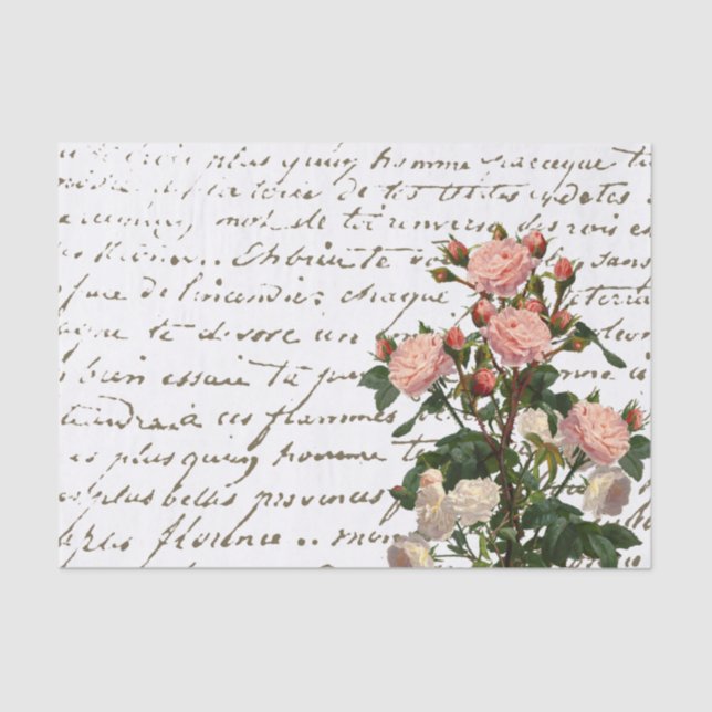 French Script Pink Rose Distressed Vintage Tissue Paper (Front)