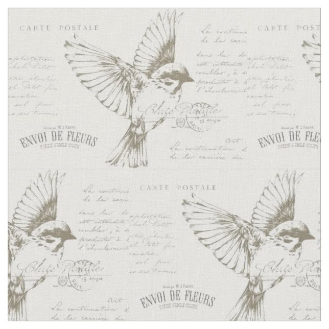 French Script Vintage Bird Carte Postale  Fabric (Close Up)