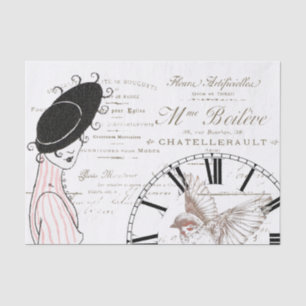 French Script Vintage Clock Lady Bird Tissue Paper