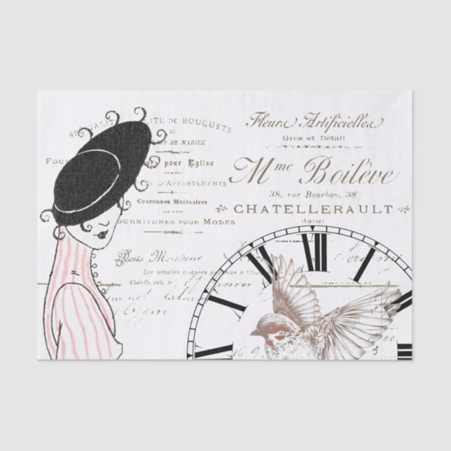 French Script Vintage Clock Lady Bird Tissue Paper (Front)