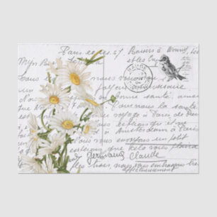 French Script Vintage Daisy Flower Bird Postcard Tissue Paper