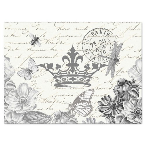 French Script Vintage Floral Paris Dragonfly Crown Tissue Paper