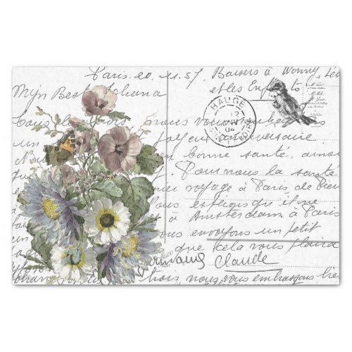 French Script Vintage Flowers Bird Postcard Tissue Paper
