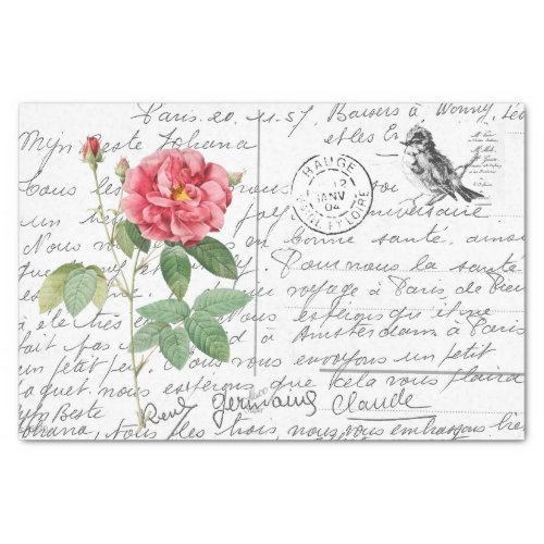 French Script Vintage French Rose Bird Postcard Tissue Paper