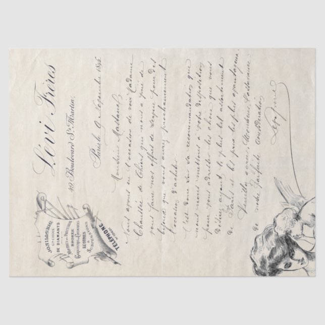 French Script Vintage Jewelry Invoice Angel  Tissue Paper (Front)