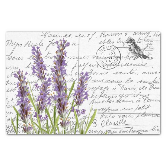 French Script Vintage Lavender Bird Postcard Tissue Paper