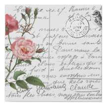 French Script Vintage Rose Bird Postcard