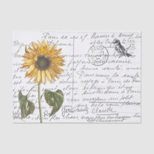 French Script Vintage Sunflower Bird Postcard Tissue Paper