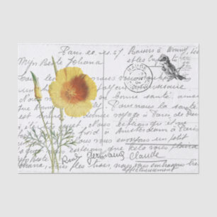 French Script Vintage Yellow Poppy Bird Postcard Tissue Paper