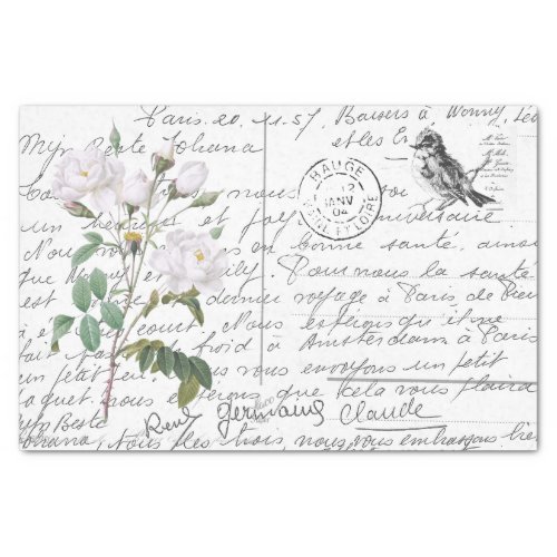 French Script White Rose Bird Vintage Postcard Tissue Paper