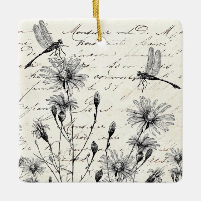 French Script Wildflower Dragonfly Christmas Decor Ceramic Ornament (Front)