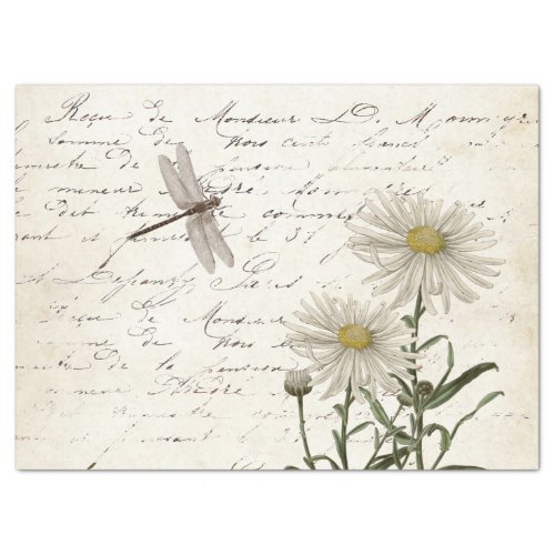 French Script Wildflower Dragonfly Daisy Decoupage Tissue Paper